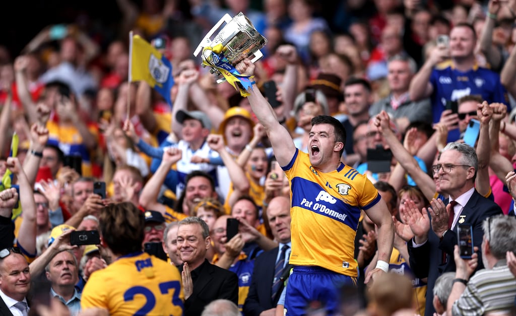 Clare’s Tony Kelly lifting the Liam MacCarthy Cup after the extra-time victory over Cork at Croke Park. Photograph: Morgan Treacy/Inpho