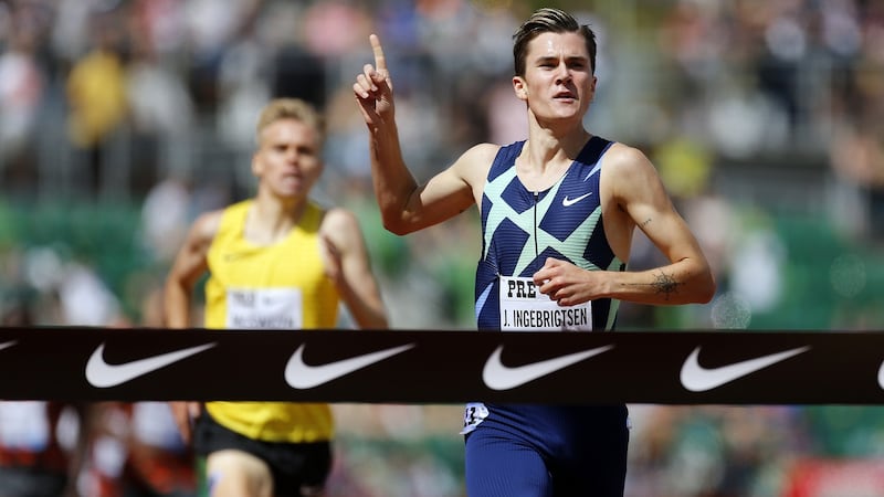Jakob Ingebrigsten of Norway wins the Bowerman Mile during the Wanda Diamond League Prefontaine Classic at Hayward Field on August 21st in Eugene, Oregon. Photograph: Jonathan Ferrey/Getty Images