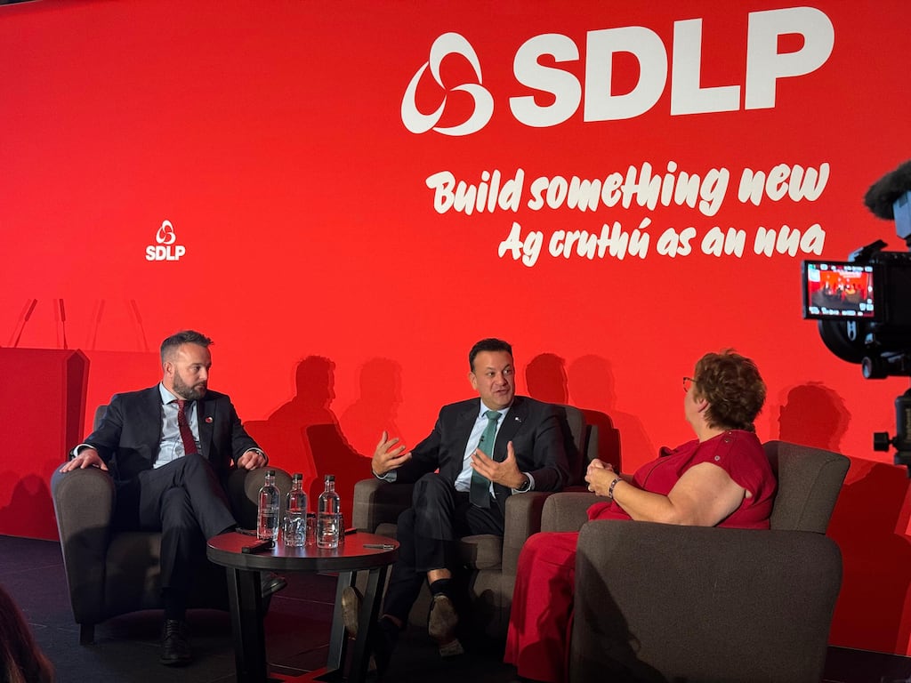 Former taoiseach Leo Varadkar and former SDLP leader Colum Eastwood during an interview on the opening night of the SDLP's annual conference in Belfast, speaking with former MLA Dolores Kelly