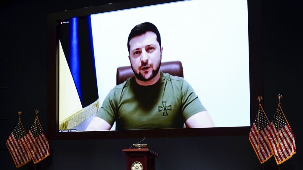 Ukraine’s president Volodymyr Zelenskiy addressing members of Congress virtually at the US Capitol in Washington DC last week. Photograph: Sarah Silbiger/Reuters/Bloomberg