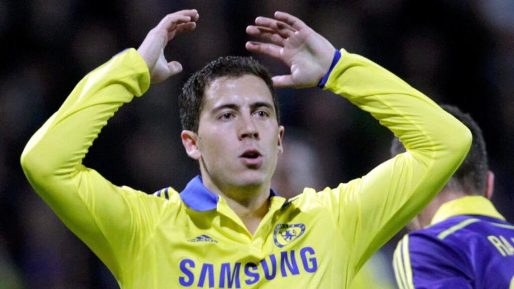Chelsea’s Eden Hazard after missing a penalty against Maribor at Stadion Ljudski in Maribor. Photograph: Srdjan Zivulovic / Reuters