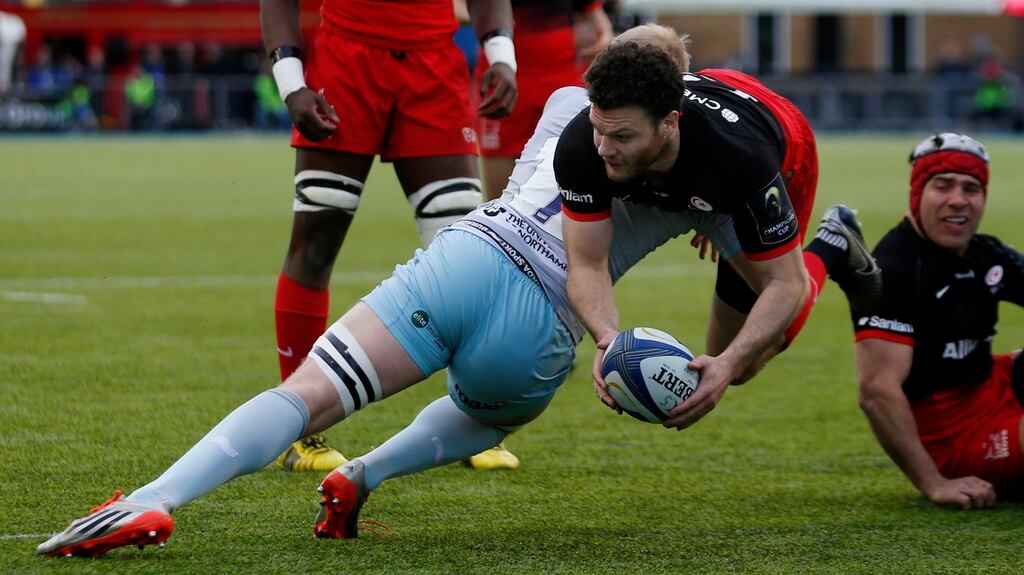Saracens’ Duncan Taylor (right) and Northampton Saints’ Ben Nutley during the European Champions Cup, quarter final match at Allianz Park, London. Photograph: Paul Harding/PA Wire