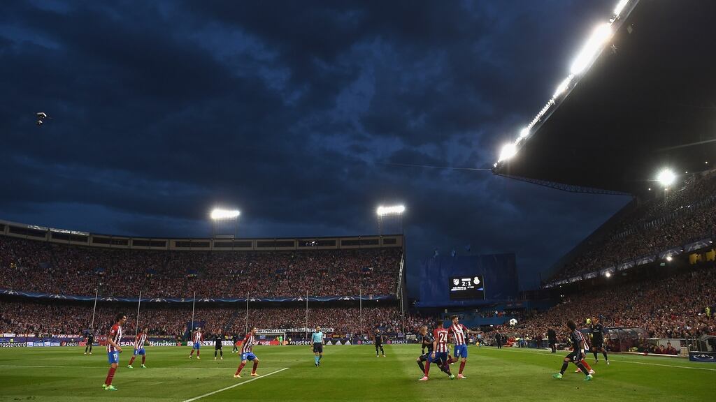 A general view of the Vicente Calderon Stadium during the Champions League semi-final between Atletico Madrid and Real Madrid. Photo: Laurence Griffiths/Getty Images