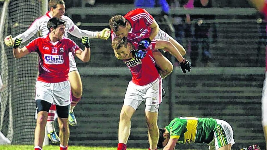 Cork players celebrate victory over Kerry in the Munster under-21 football quarter-finals at Páirc Uí Rinn. Photograph: Cathal Noonan/Inpho