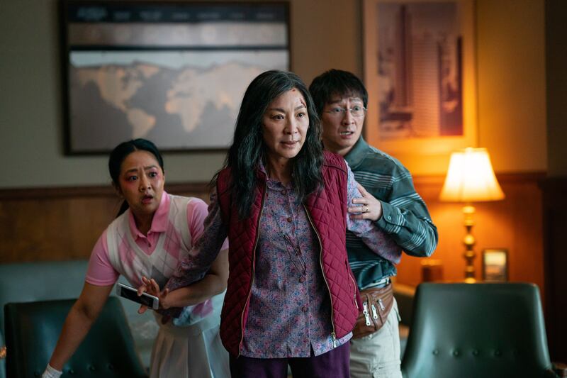 Oscar nominations 2023: Stephanie Hsu, Michelle Yeoh and Ke Huy Quan in Everything Everywhere All At Once. Photograph: Allyson Riggs/A24 Films