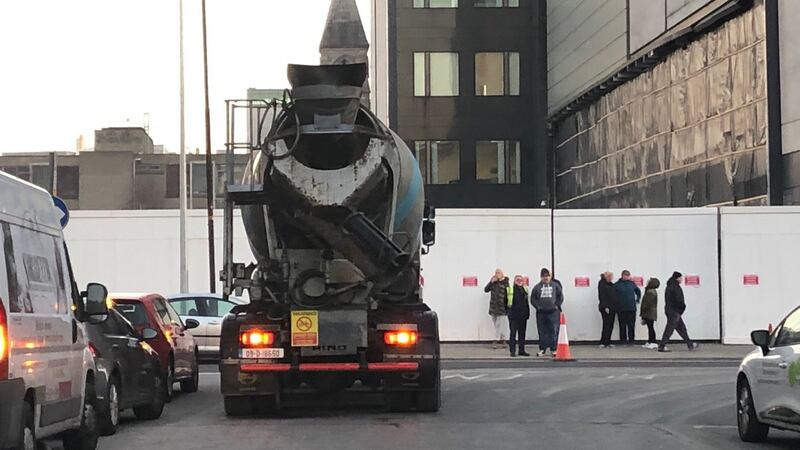 A lorry waits on Mark Street on Tuesday morning as residents block access to a building site as part of a row over traffic levels. Photograph: Tim O’Brien