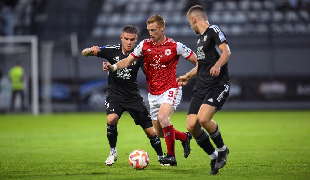 Eoin Doyle of St Patrick's Athletic with Luka Bobičanec of NS Mura at Fazanerija stadium in Murska Sobota, Slovenia on July 28th. Photograph: Sasa Pahic Szabo/Inpho