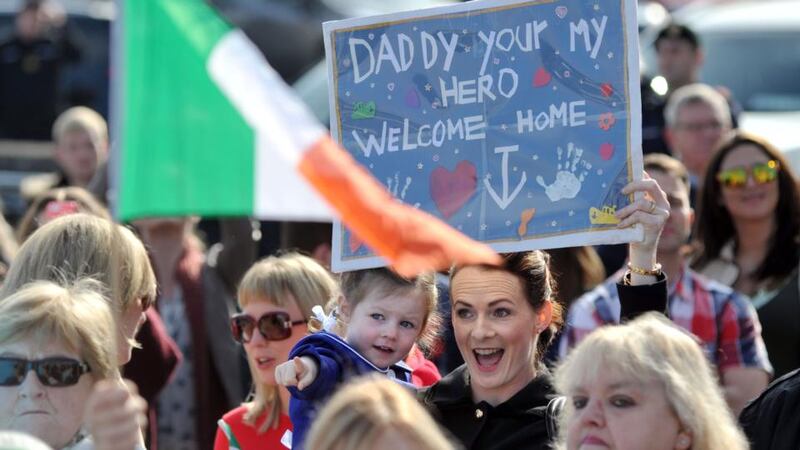 Lt Andrew Bugler’s wife Teresa and daughter Andrea on the LÉ Niamh’s return after humanitarian and search-and-rescue operations in the Mediterranean. Photograph: Daragh McSweeney/Provision