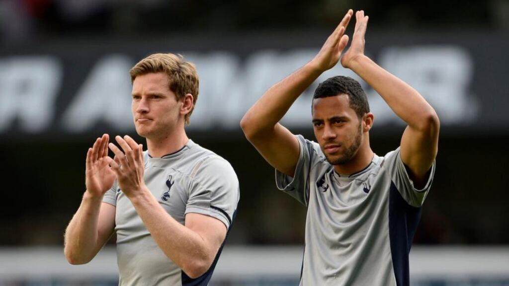 Tottenham Hotspur’s Jan Vertonghen (left) and Mousa Dembele, both of Belgium, applaud the crowd following their win over Sunderland. Photograph: Dylan Martinez/Reuters