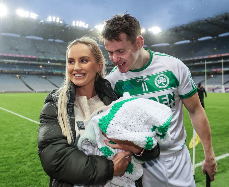Ballyhale Shamrocks’ TJ Reid with his partner Niamh de Brún and daughter Harper Mary after the AIB Leinster club hurling final win over Kilmacud Croke at Croke Park. Photograph: James Crombie/Inpho