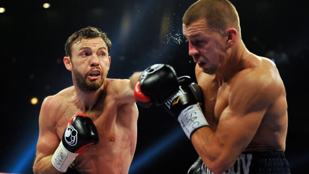 Andy Lee in action against Matt Korobov during their fight for a vacant WBO middleweight title belt in Las Vegas last December. Photograph: David Becker/Getty Images