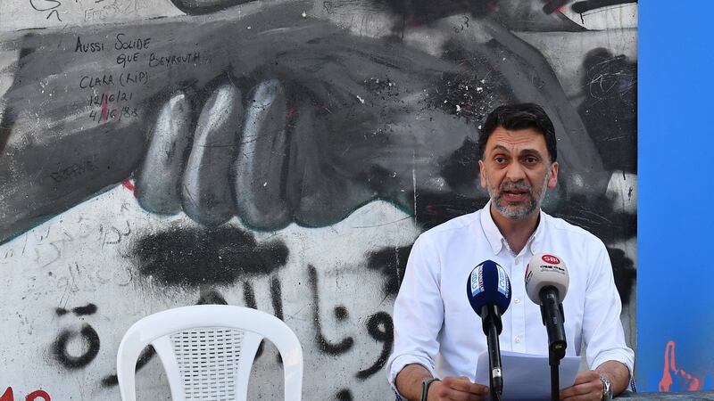 Ibrahim Mneimneh speaks during a press conference at Martyrs’ Square in downtown Beirut last week. Photograph: Wael Hamzeh/EPA