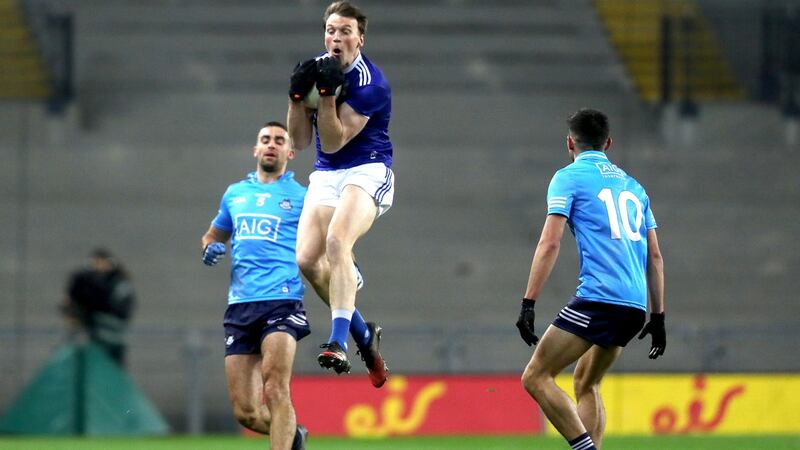 Cavan’s Gearoid McKiernan claims a mark in his side’s defeat to Dublin. Photograph: Bryan Keane/Inpho