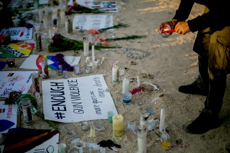 A makeshift memorial for the Pulse nightclub victims outside the Dr. Phillips Centre for the Performing Arts in Florida. Photograph: Sam Hodgson/The New York Times