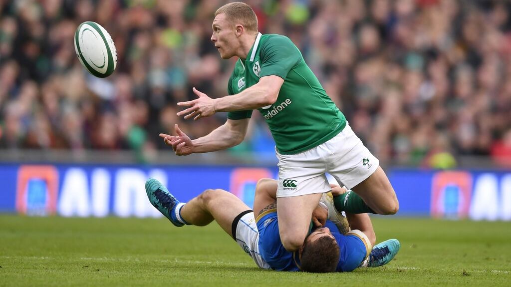Keith Earls of Ireland is tackled by Tommaso Castello of Italy during the Six Nations match between Ireland and Italy at Aviva Stadium. Photo: Gareth Copley/Getty Images