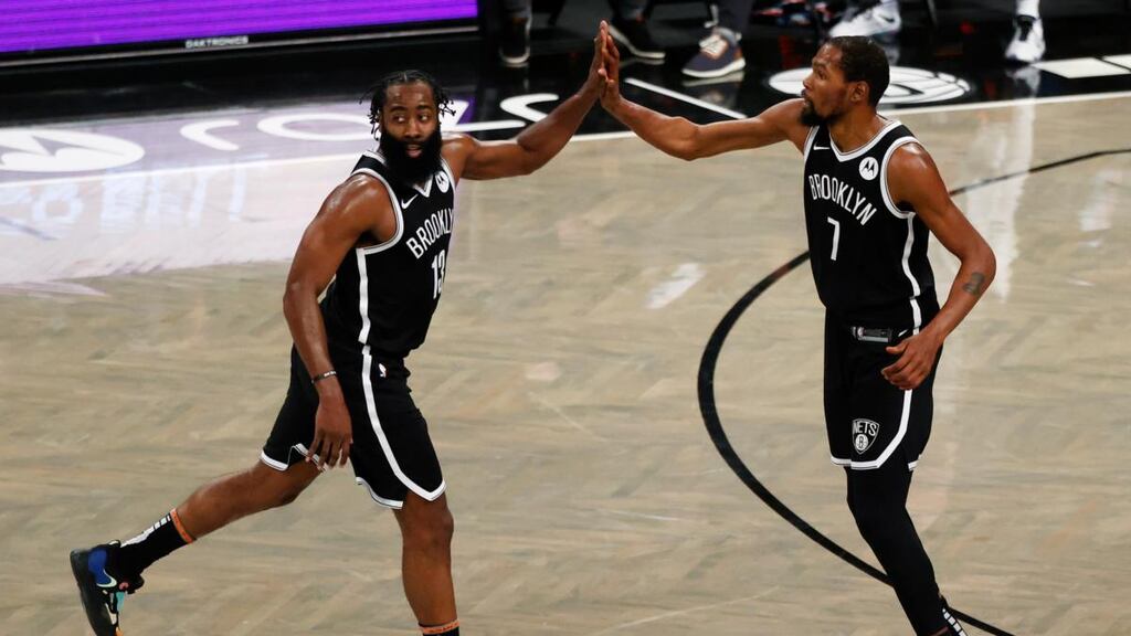 James Harden and Kevin Durant during the win against the Milwaukee Bucks. Photograph: EPA