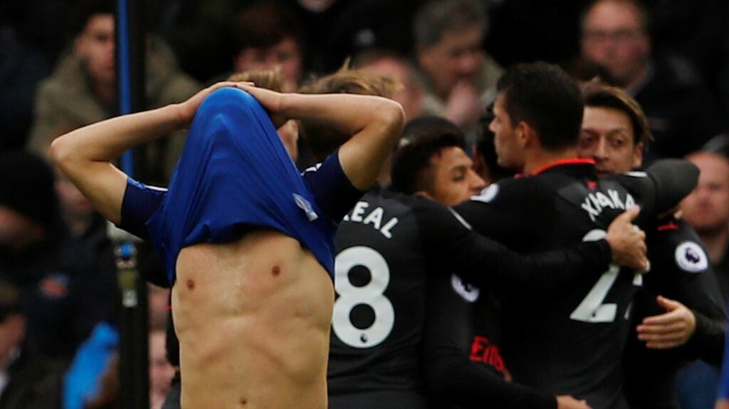 Everton’s Nikola Vlasic looks dejected after Arsenal’s Alexandre Lacazette scores their third goal. Photograph: Lee Smith/Retuers
