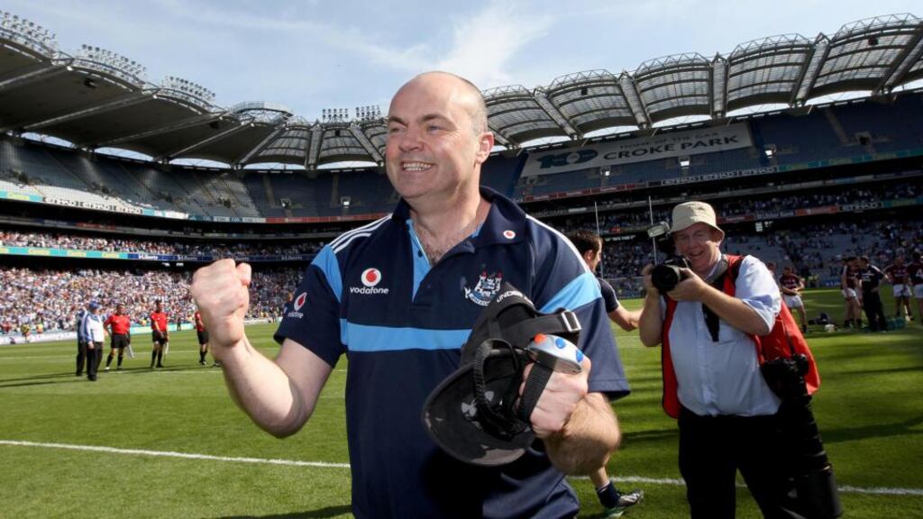 Dublin manager Anthony Daly celebrates after Leinster final win over Galway. Photograph: Ryan Byrne/Inpho.