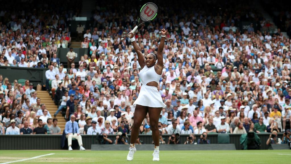 Serena Williams of the US celebrates winning her quarter final match against Alison Riske at Wimbledon. Photo: Hannah McKay/Reuters