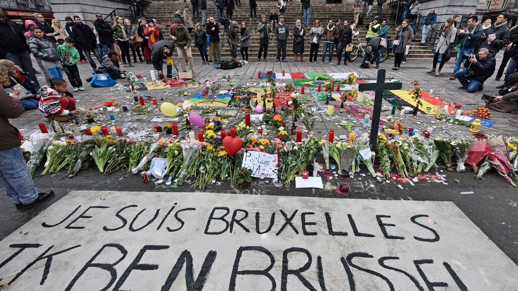 A banner for the victims of the Brussels bombings reads ‘I am Brussels’ at the Place de la Bourse in Belgium. Photograph: Martin Meissner/AP Photo