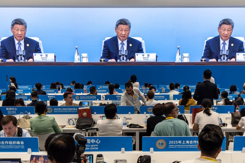 Xi Jinping, China's president, displayed on a screen at the media centre for the Shanghai Co-operation Organisation summit in Tianjin, China. Photograph: Qilai Shen/Bloomberg