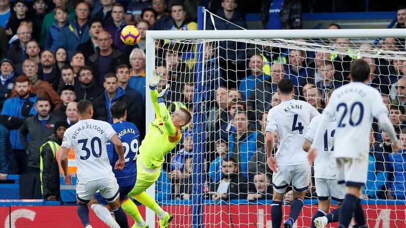 Jordan Pickford saves Marco Alonso’s volley during Everton’s 0-0 draw with Chelsea. Photograph: David Klein/Reuters