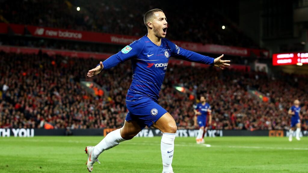 Eden Hazard after scoring the winner at Anfield. Photograph: Getty Images