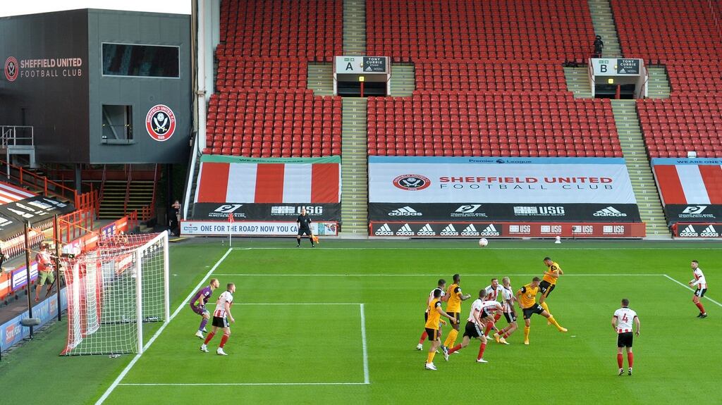 Romain Saiss of Wolverhampton Wanderers scores his side’s second goal during the Premier League win over Sheffield United. Photo: Peter Powell/Pool via Getty Images
