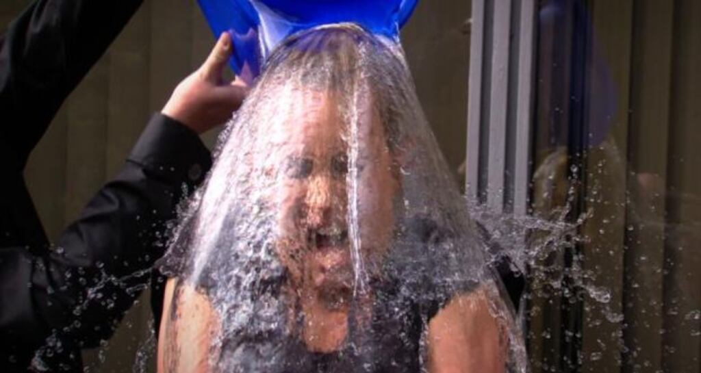 Kathryn Thomas takes the ice bucket challenge. Montessori teacher Teresina Bell knocked herself out after a similar dousing. Photograph: RTÉ
