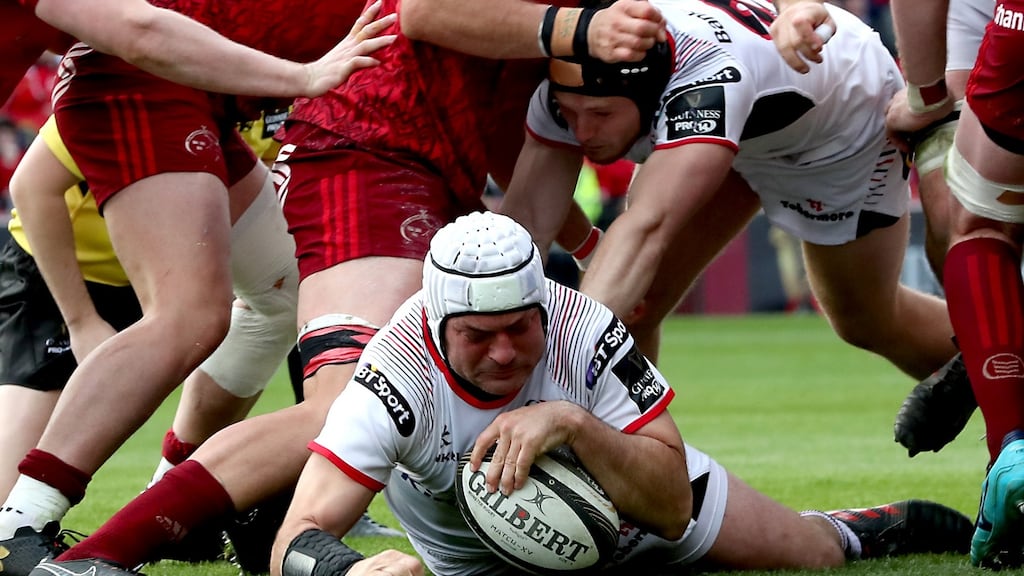 Ulster captain Rory Best scores a try against Munster at Thomond Park, Limerick. Photograph: Billy Stickland/Inpho