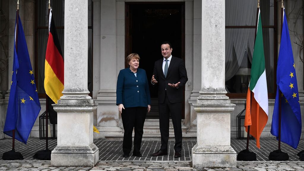 Taoiseach Leo Varadkar with German chancellor Angela Merkel at Farmleigh House, Dublin, where they met for talks on Brexit, on Thursday. Photograph: Charles McQuillan/Getty Images