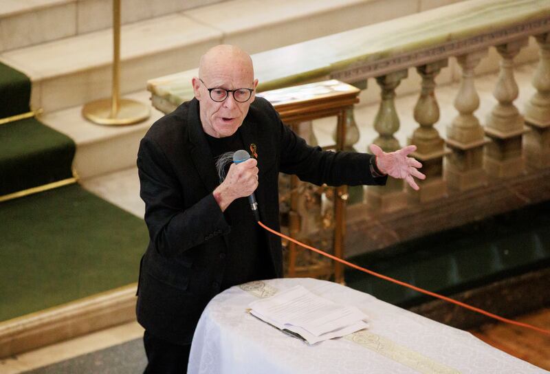 Eamonn McCann giving a elegy to Nell McCafferty at her funeral on Friday. Photograph: Liam McBurney/PA Wire