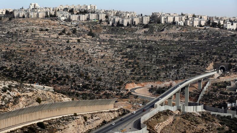 The West Bank city of Beit Jala and the Israeli settlement of Gilo (top) in Israeli-annexed east Jerusalem. Photograph:  Thomas Coex/AFP/Getty Images