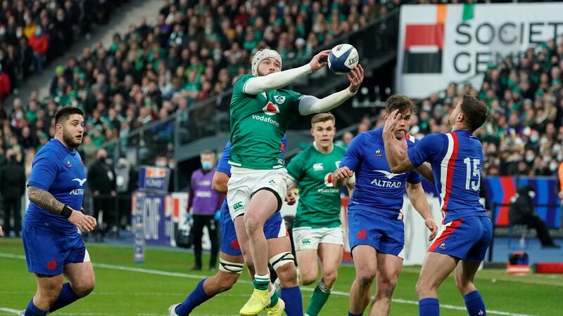 Ireland’s Mack Hansen chases the ball down and catches it before going on to score his side’s first try during the Six Nations match in Paris. Photograph: Dave Winter/Inpho