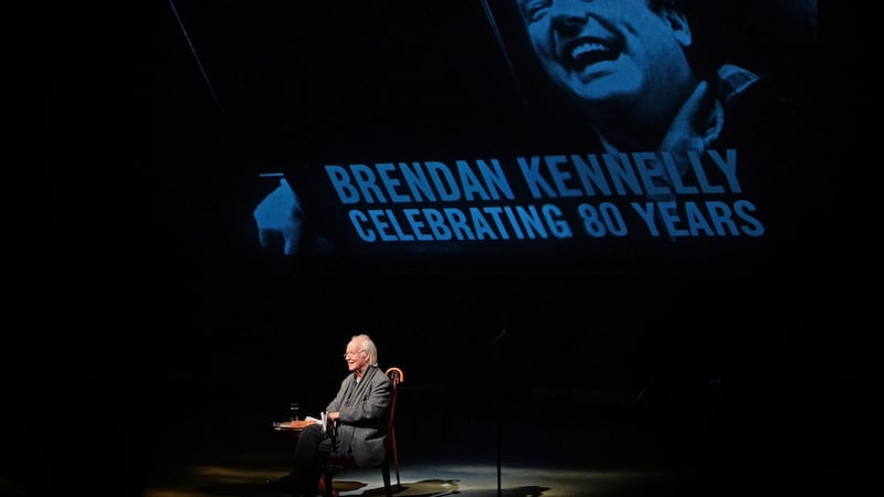 Brendan Kennelly on stage at the Abbey Theatre Dublin, at an event to celebrate the 80th year of the poet. Photograph: Eric Luke