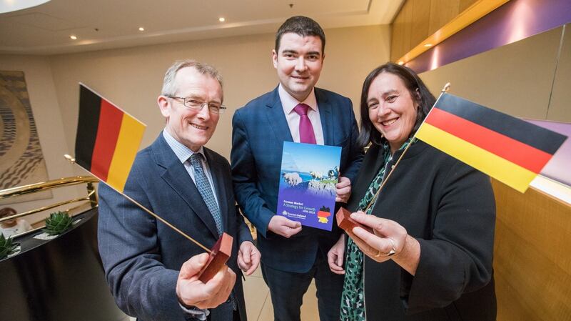 Niall Gibbons, CEO of Tourism Ireland, Brendan Griffin, Minister of State for Tourism, and Zoe Redmond, Tourism Ireland’s manager for Central Europe at the launch of a new tourism strategy for the German market. Photograph: Naoise Culhane