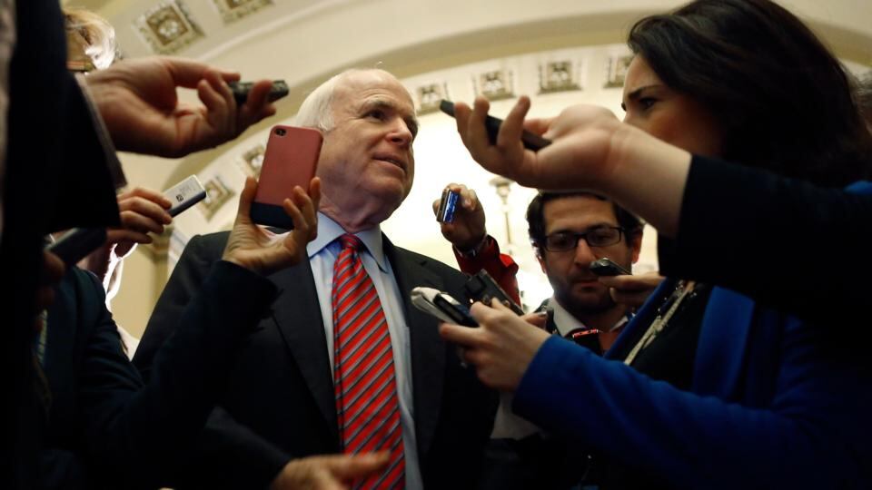 US senator John McCain talks to reporters after a Republican Senate caucus meeting at the US Capitol in Washington. Senate leaders struck a bipartisan 11th-hour deal to break the fiscal impasse last night, and the Republican-led House of Representatives agreed to take it up as Congress moved to avert a historic debt default. Photoograph: Jonathan Ernst/Reuters