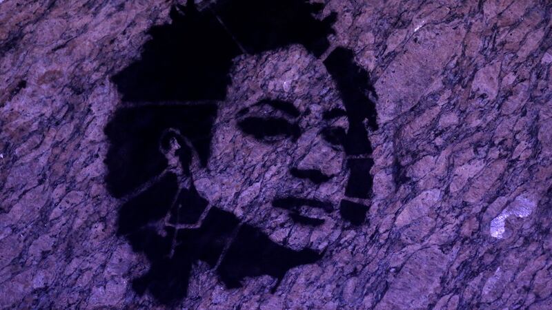 A stencil image of Rio de Janeiro city councillor Marielle Franco, who was murdered last week, on the wall of the city council chamber. Photograph: Ricardo Moraes/Reuters