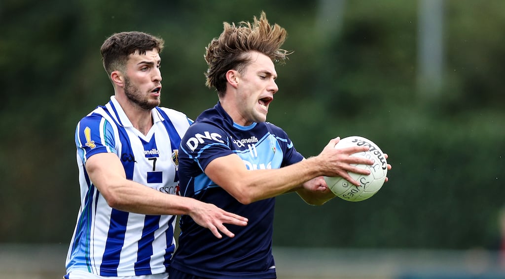 Alex Gavin of Ballyboden St Enda's in action against Darragh Rooney of St Jude's during the Dublin SFC semi-final at Parnell Park. Photograph: Evan Treacy/Inpho