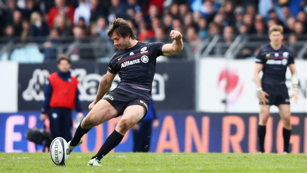 Marcelo Bosch of Saracens kicks the winning penalty during the European Rugby Champions Cup quarter-final against Racing Metro 92 at Stade Yves Du Manoir in Paris. Photograph: Richard Heathcote/Getty Images