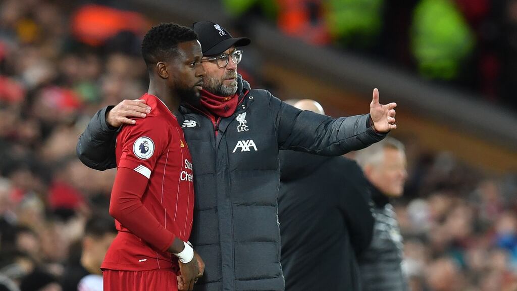 Liverpool manager Jürgen Klopp sends on Divock Origi during the Premier League win over Sheffield United. Photo: Paul Ellis/Getty Images