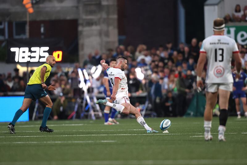 Ulster's John Cooney kicks the winning penalty. Photograph: Bryan Keane/Inpho