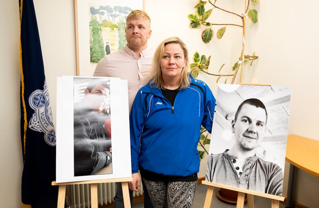 Members of Jón Jónsson family, Anna his sister and David his brother during a press briefing. Photograph:  Gareth Chaney/Collins