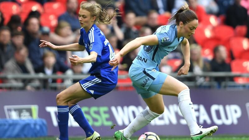 Megan Campbell of Manchester City in action against  Ellie Brazil of Birmingham City Ladies  during the SSE Women’s FA Cup Final  at Wembley Stadium. Photograph: Ross Kinnaird/Gerry Images