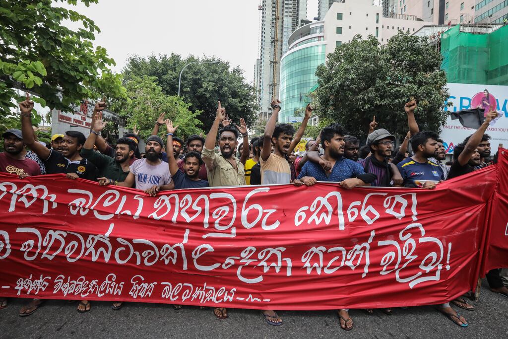 University students during a protest march in Colombo, Sri Lanka. Protests have been affecting the country for over four months as Sri Lanka faces its worst economic crisis in decades due to a lack of foreign reserves, resulting in severe shortages in food, fuel, medicine, and imported goods