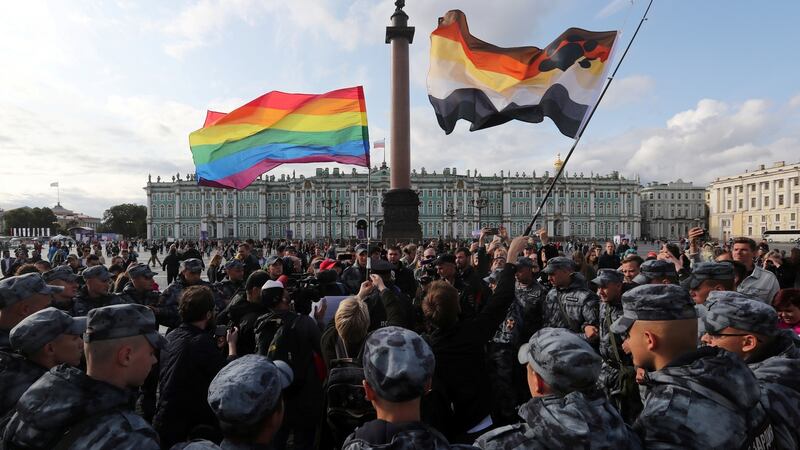 Law enforcement officers block participants of the LGBT community rally “X St Petersburg Pride” in central Saint Petersburg, last August. File photograph: Anton Vaganov/Reuters