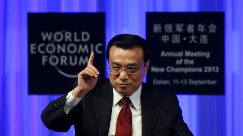 Li Keqiang, China’s premier, speaks during the opening plenary at the World Economic Forum annual meeting in Dalian, China. Photograph: Tomohiro Ohsumi/Bloomberg