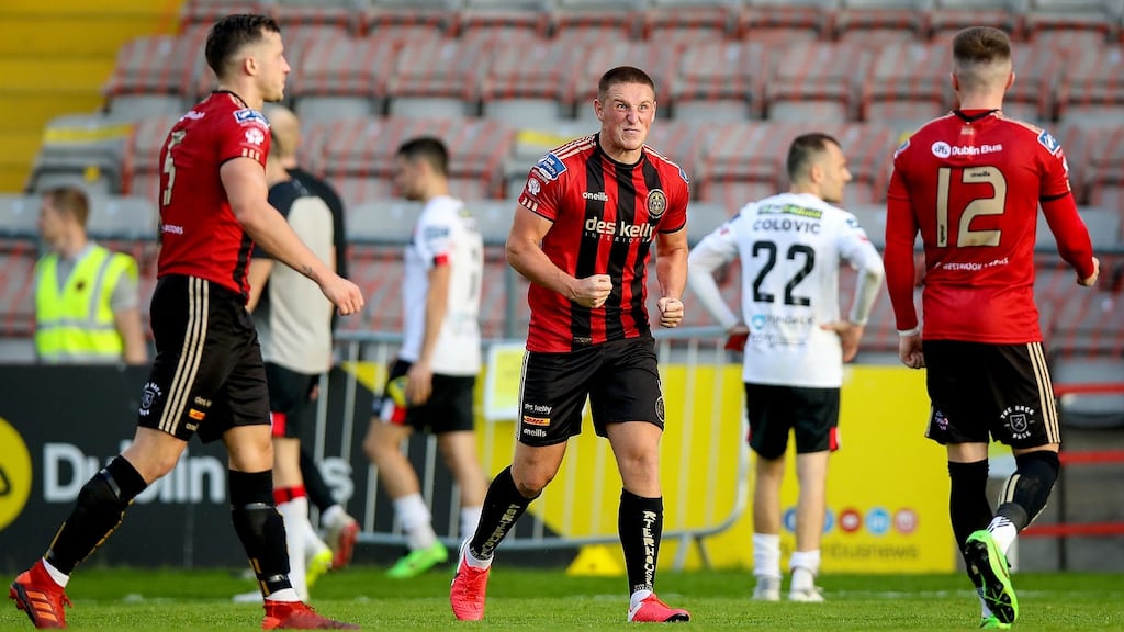 Bohemians’ Dan Casey celebrates with Danny Grant at the final whistle. Photograph: Inpho