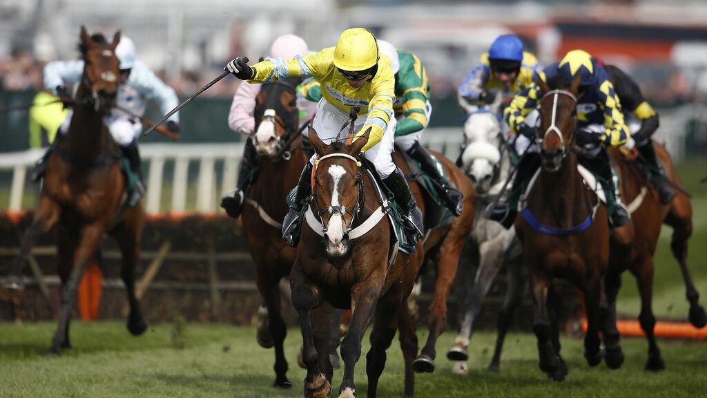 Theinval under jockey Jeremiah McGrath riding clear to win The Alder Hey Children’s Charity Handicap Hurdle at Aintree in 2015. Photograph: Alan Crowhurst/Getty Images