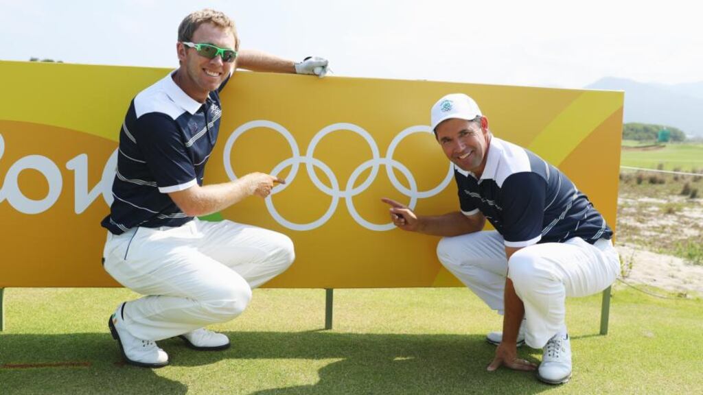 Seamus Power and Padraig Harrington of Ireland pose together on a tee box during a practice round of the Rio 2016 Olympic Games at Olympic Golf Course in Rio de Janeiro, Brazil. Photo: Scott Halleran/Getty Images